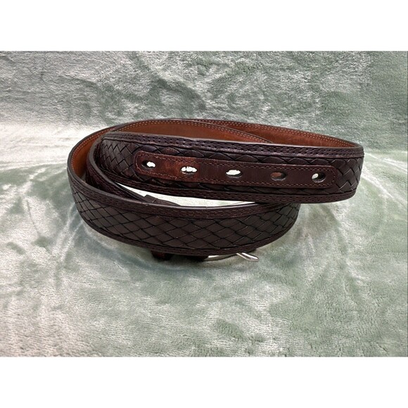 Cabelas Leather Belt Men 48 Top Grain Cowhide Basketweave Woven Inlay Brown 2928 - Picture 2 of 8